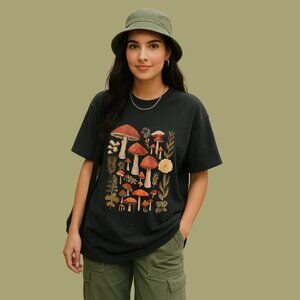 🍄 SHEIN Mushroom Graphic Tee | Black Toadstool Print | Cottagecore Size L